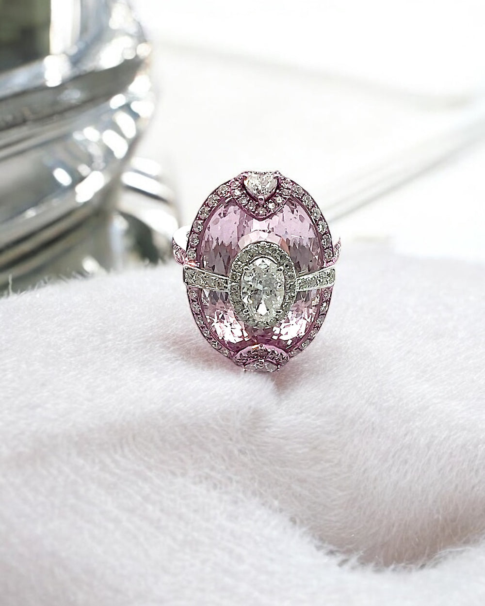 Pink Rose quartz and diamond ring