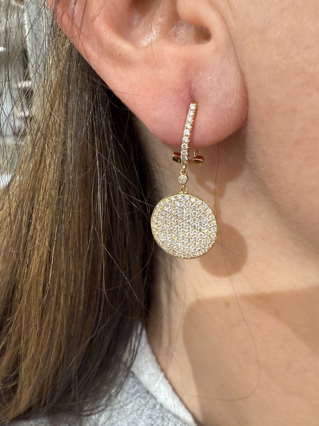 Yellow Gold Damond Disk hanging earring