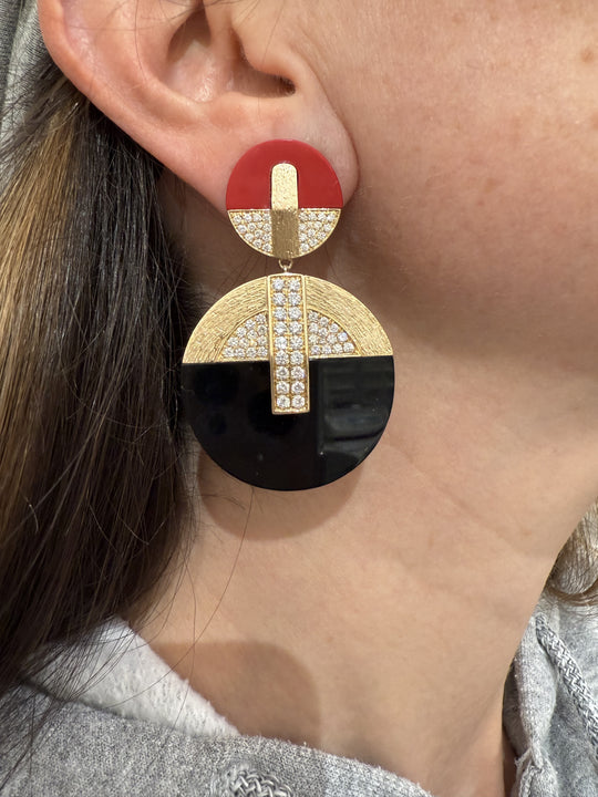 Art deco red diamonds and black disc earrings