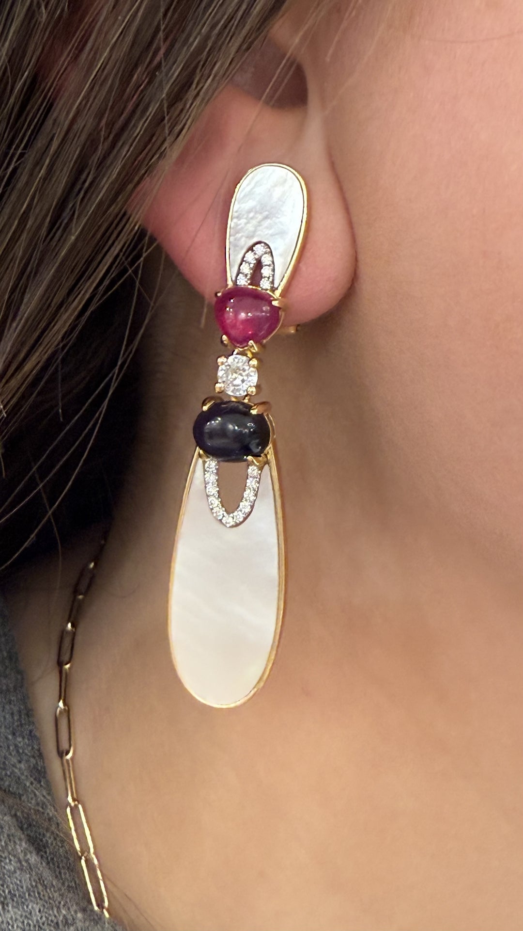 Mother of Pearl , Ruby and Sapphire Earrings