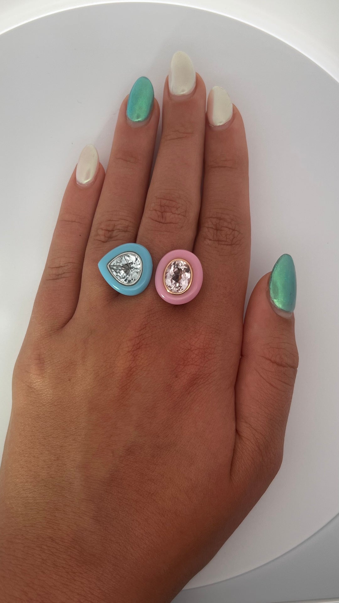 Turquoise and Pink Enamel Statement Ring