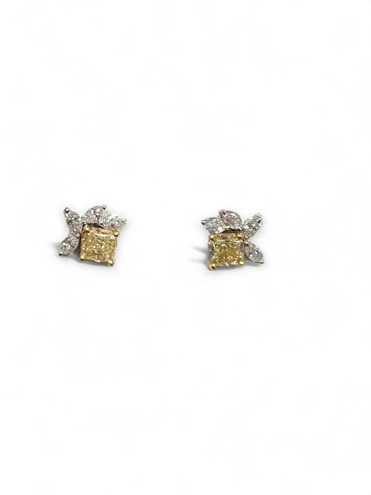 Fancy Yellow Cushion diamond Stud with Marquise flowers