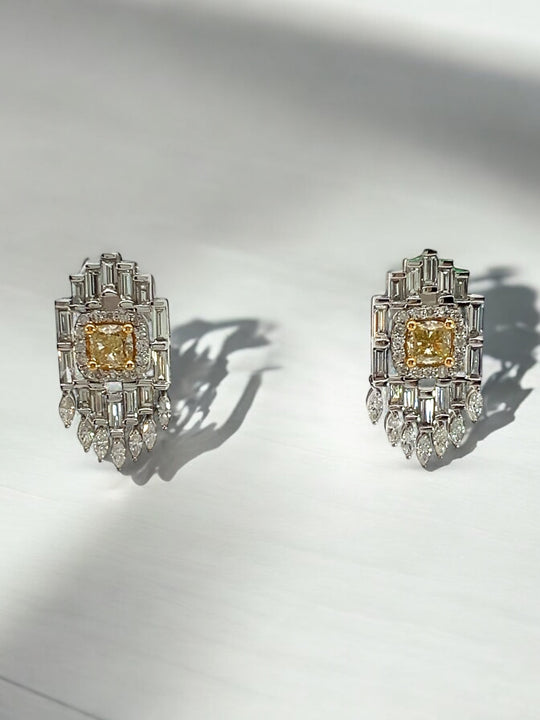 Fancy Yellow Diamond and Baguette art deco earrings