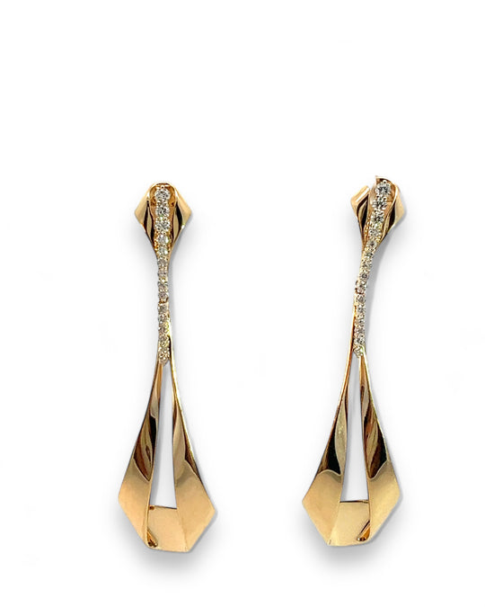 Yellow gold and diamond art deco fold over teardrop earrings