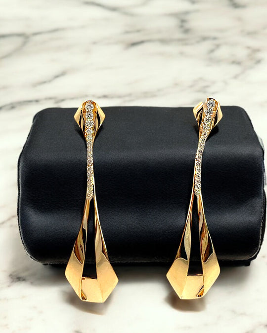 Yellow gold and diamond art deco fold over teardrop earrings