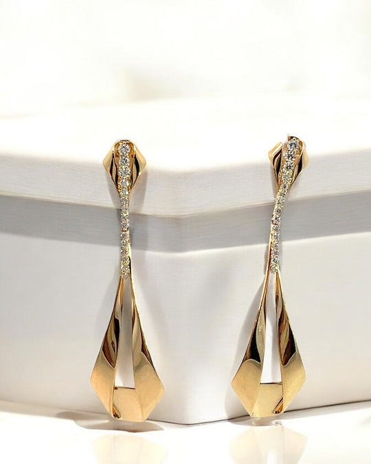 Yellow gold and diamond art deco fold over teardrop earrings