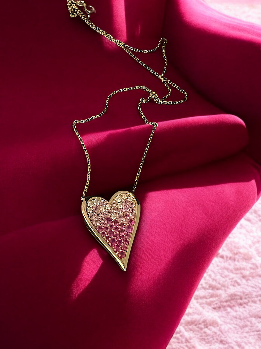 Ombre pink sapphire and diamond heart necklace