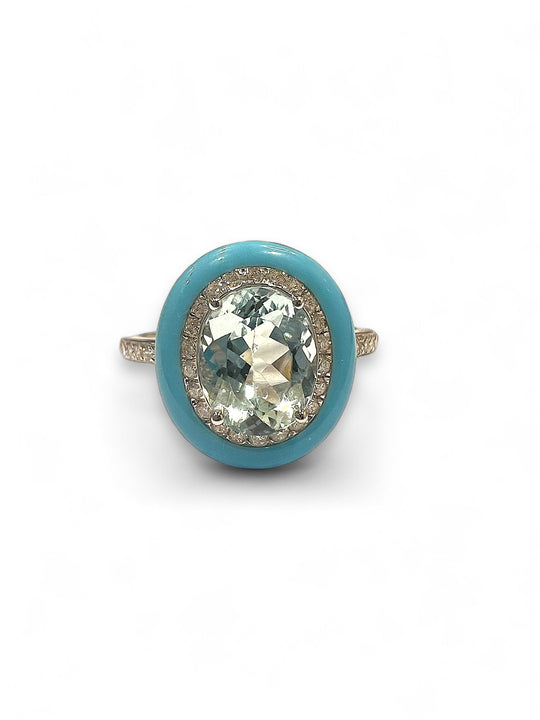 Blue Aquamarine , diamond and ceramic ring