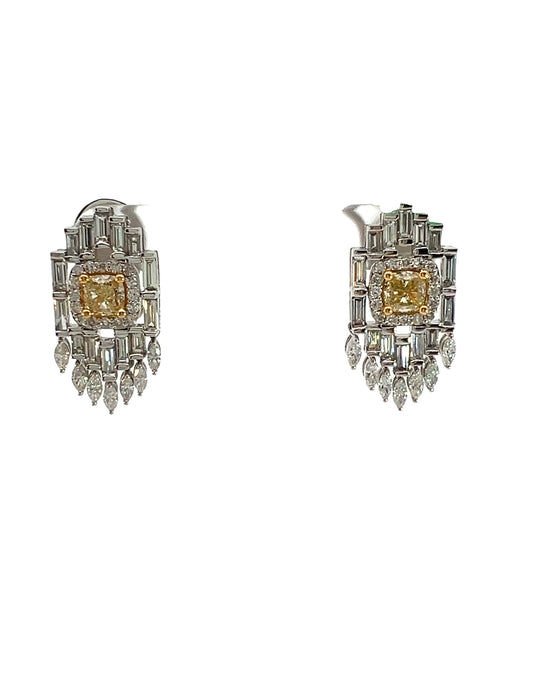 Fancy Yellow Diamond and Baguette art deco earrings