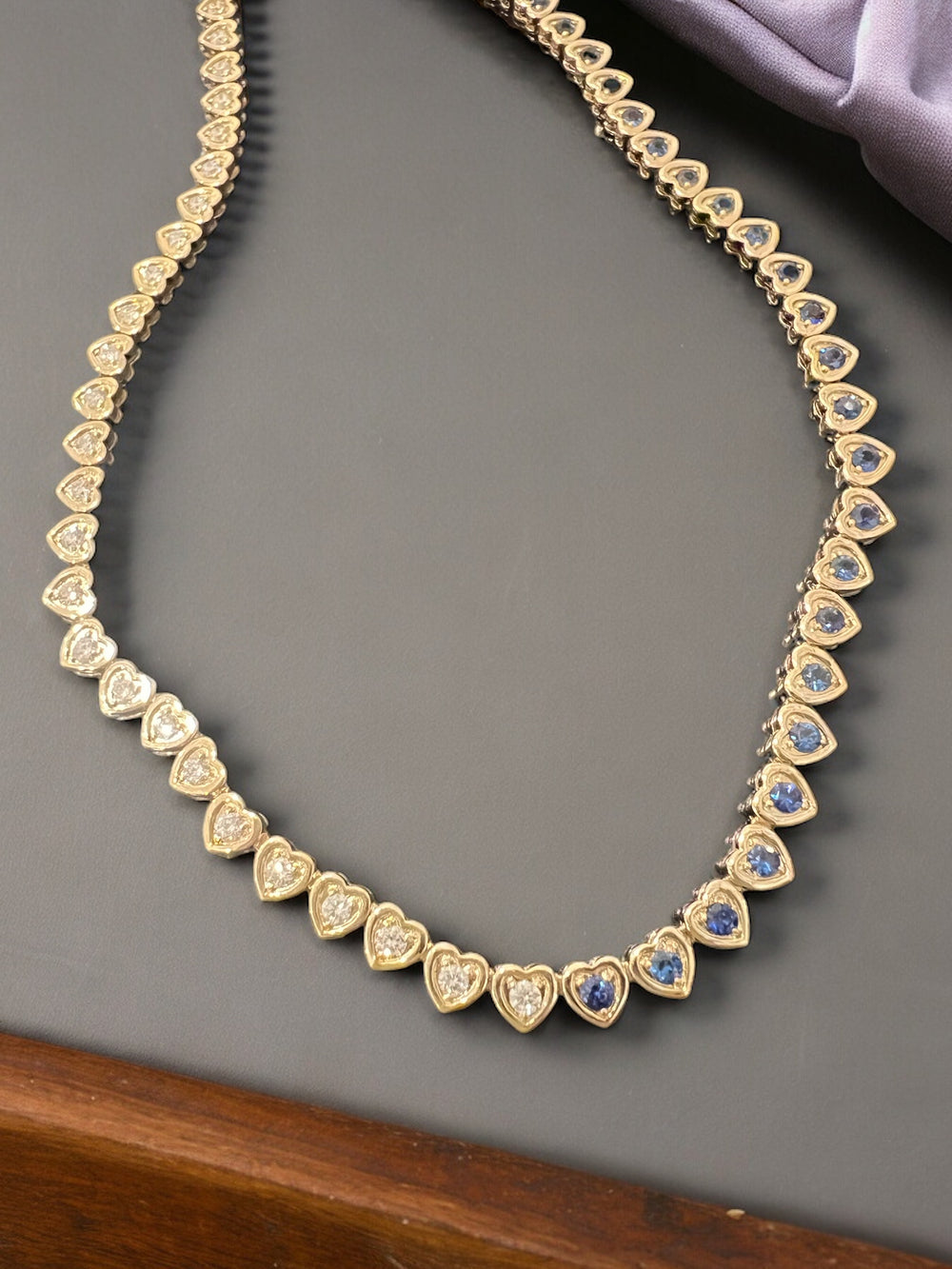 Heart diamond and sapphire tennis necklace