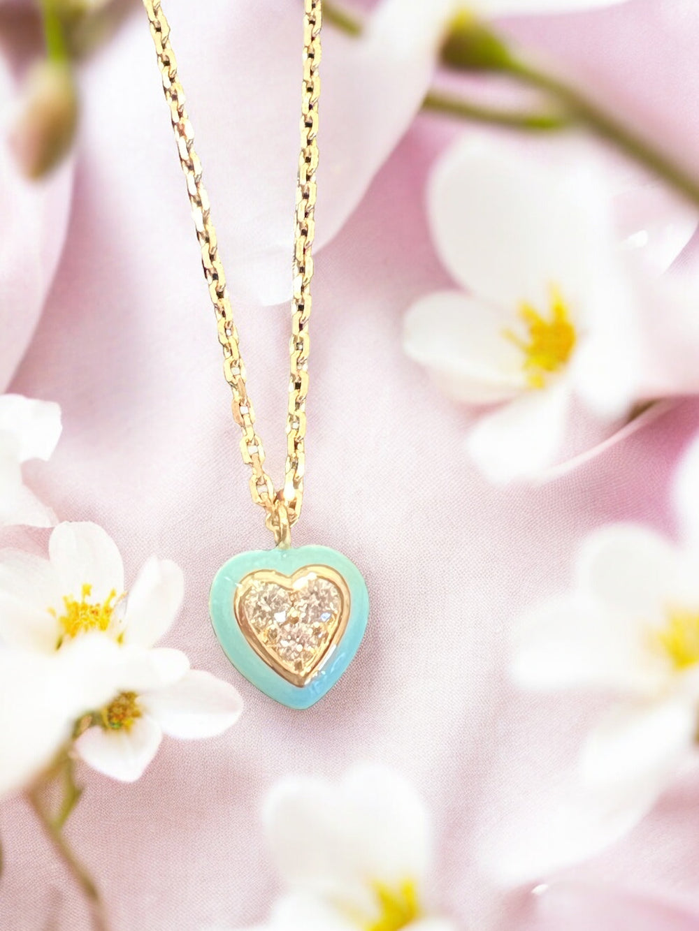 blue enamel and diamond heart necklace