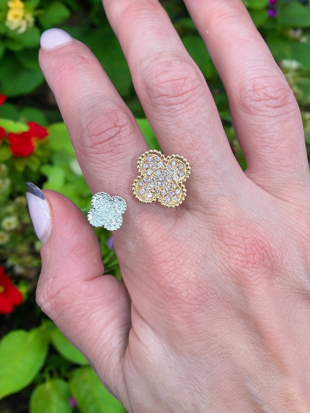 Pink and white diamond double clover Ring