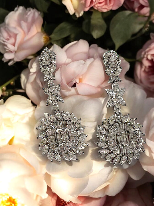 diamond hanging baguette floral wedding earrings