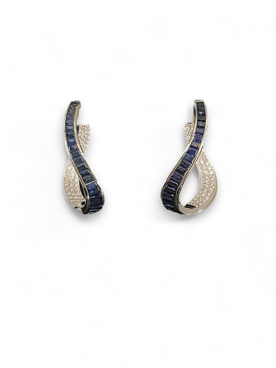 Baguette Sapphire and round Diamond hoop earrings