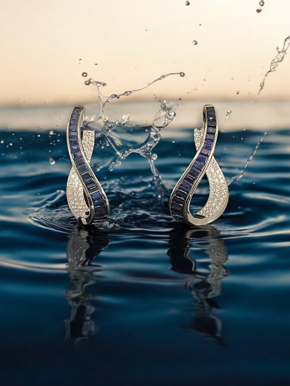 Baguette Sapphire and round Diamond hoop earrings