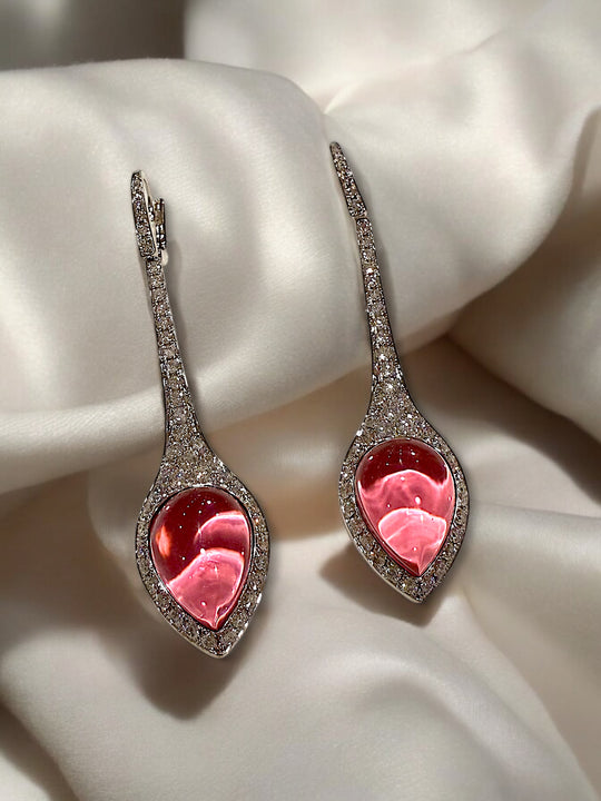 diamond and ruby cabachon long hanging earrings