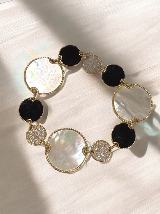 black onyx, diamond, mother of pearl disk bracelet