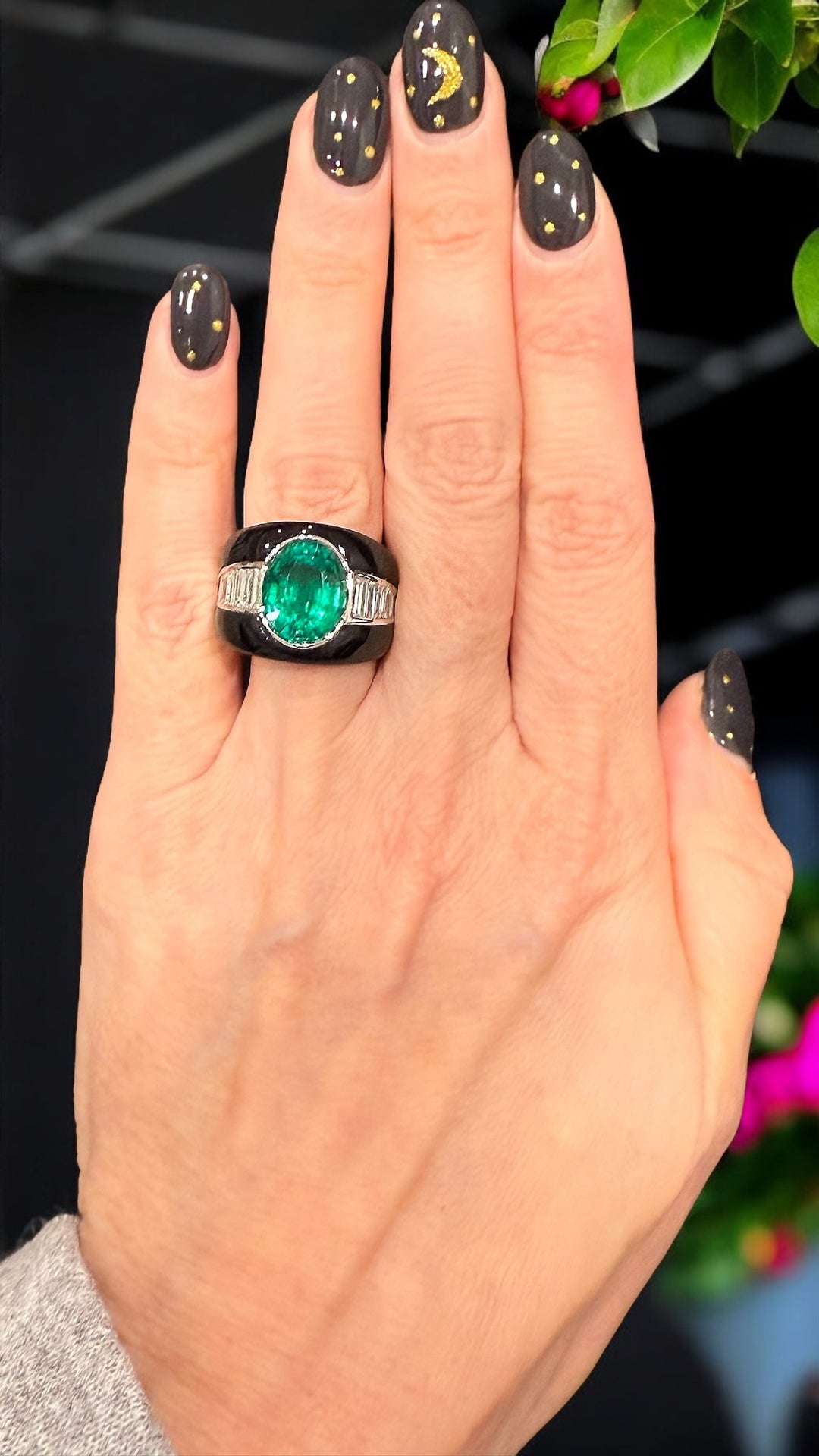 black onyx and green emerald ring