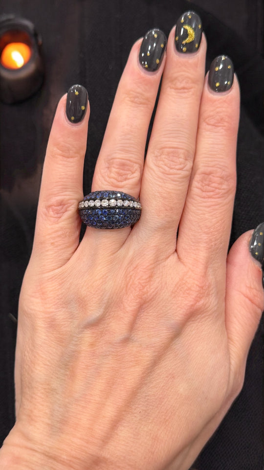 Diamond black rhodium blue sapphire ring