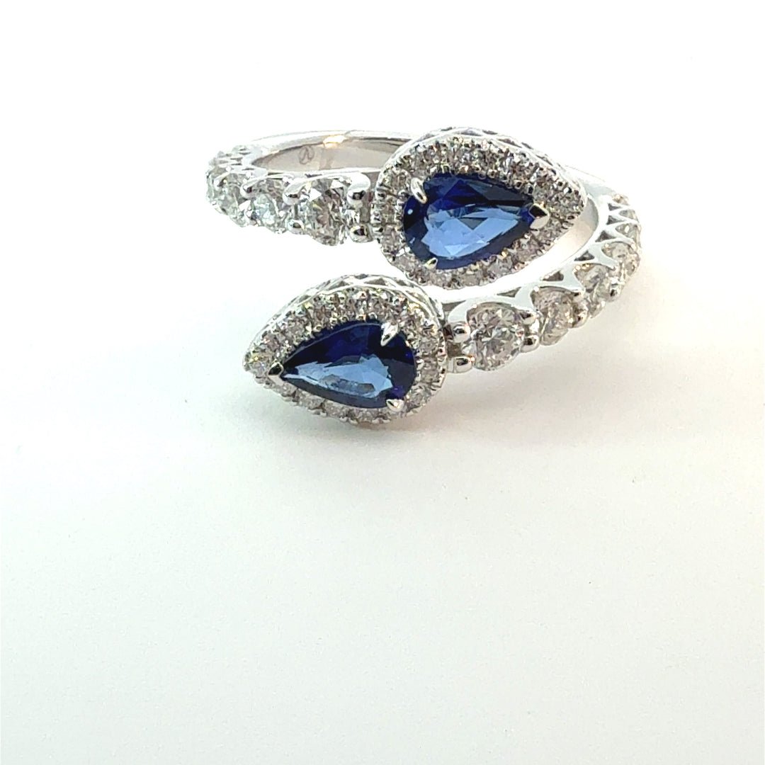 overlapping blue Sapphire and diamond pear shape ring