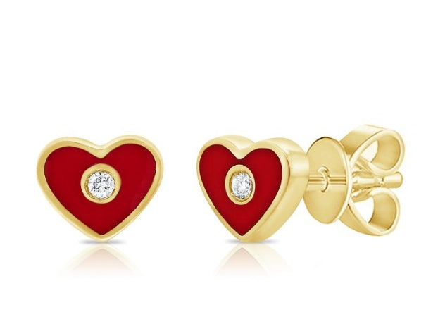 DIAMOND AND RED ENAMEL HEART STUD EARRINGS