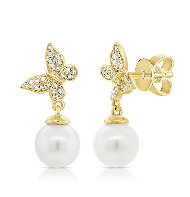 PEARL AND DIAMOND BUTTERFLY STUD EARRINGS