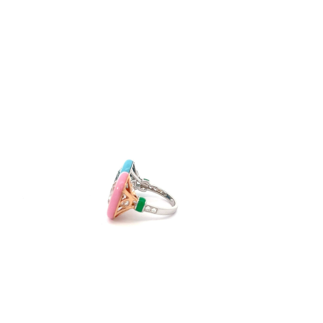 Turquoise and Pink Enamel Statement Ring