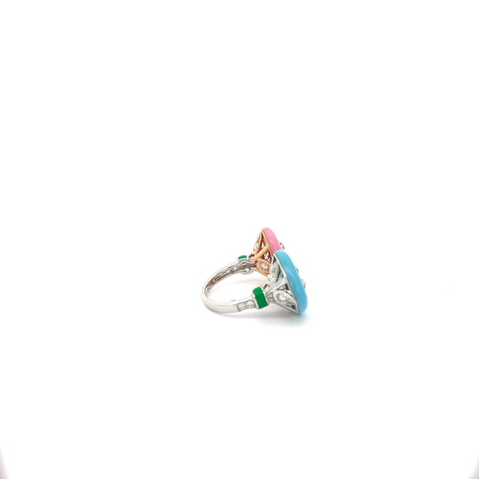 Turquoise and Pink Enamel Statement Ring